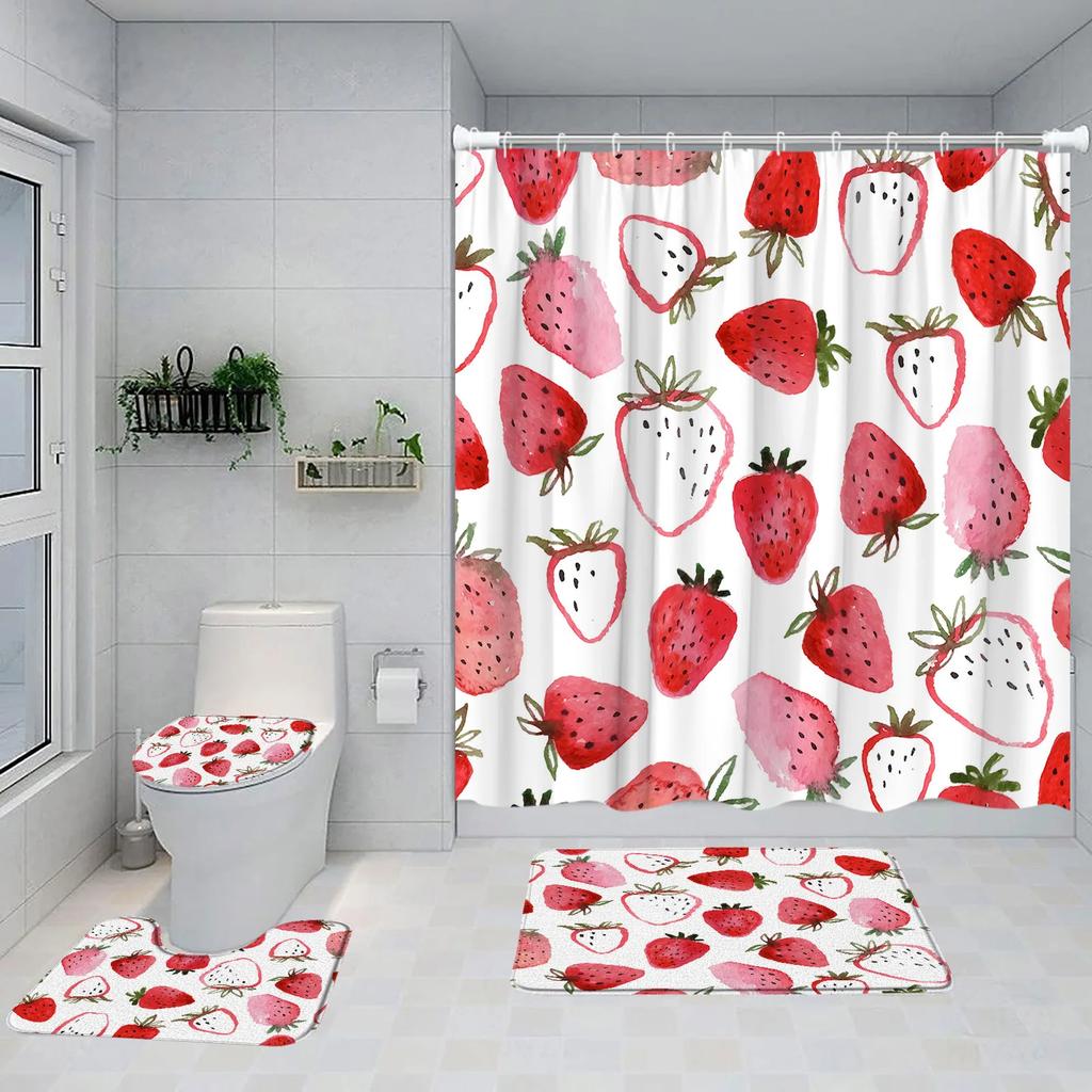 Strawberry Pink Shower Curtain Set Girls Woman Fruit Summer Bathroom Decoration Bathtub Rug Mat Home Carpet Toilet Lid Cover
