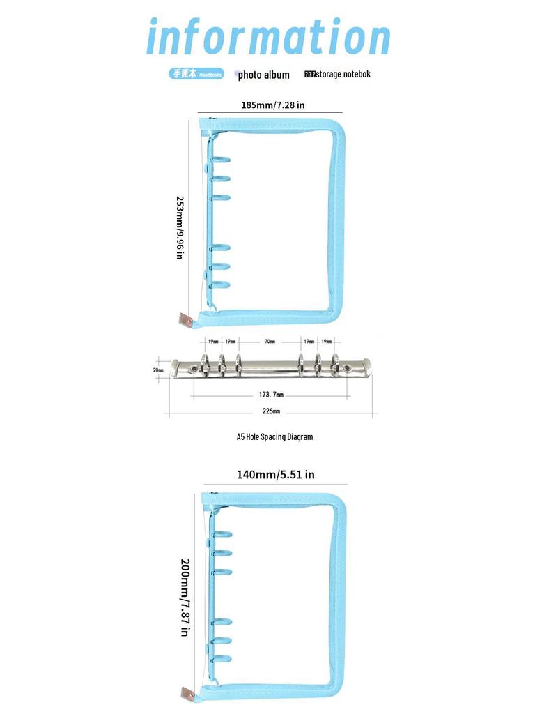 A5 Transparent PVC Ring Binder Notebook Planner, 6-Hole Photo Album with Removable Cover (A6 Compatible)