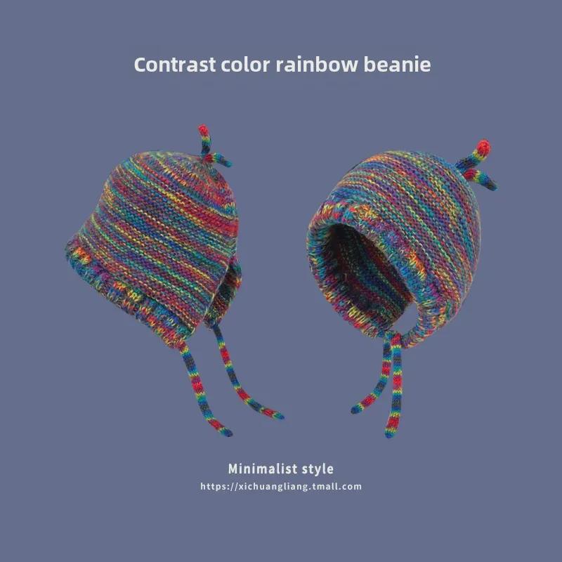 Colorful, Warm Wool Hat with Large Circumference and Cute Autumn-Winter Earmuffs