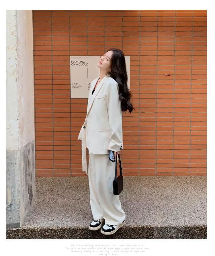 Women's Spring & Autumn Loose Fit Blazer and Wide-Leg Pants Set