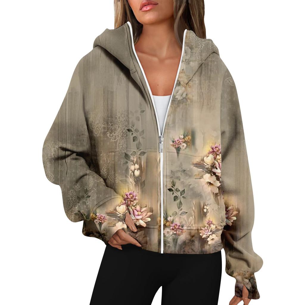 Hanorace de damă cu mânecă lungă, ocazional, cu fermoar complet, hanorace cu orificiu pentru degetul mare, haine, jachete cu buzunare