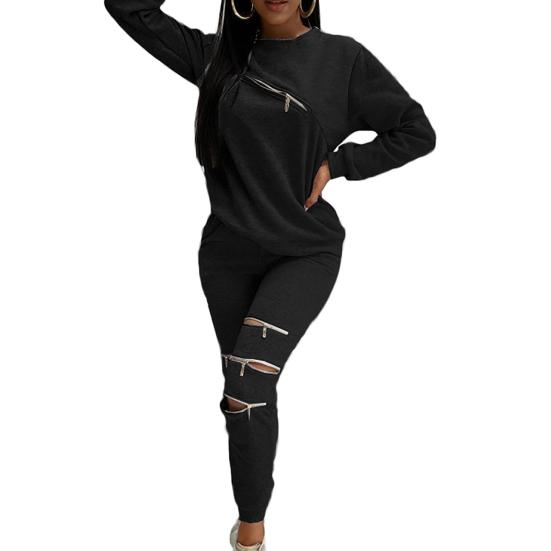 

2 Pcs/Set Autumn Top Pants Set Solid Color O Neck Zipper Decor XL чёрный