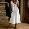 Abito estivo da donna senza maniche con bordi in pizzo, scollo a V, casual, vestibilità ampia, abito midi per uso quotidiano, vacanze al mare