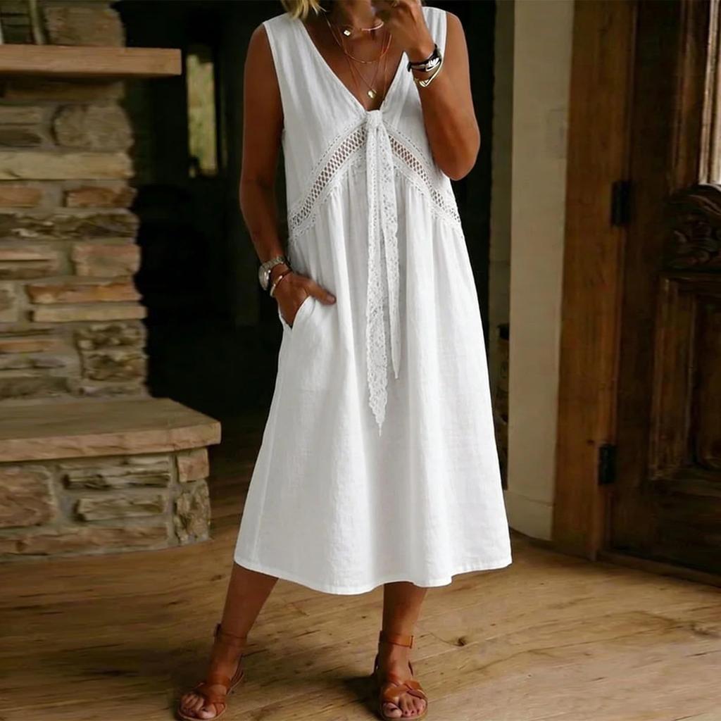 Abito estivo da donna senza maniche con bordi in pizzo, scollo a V, casual, vestibilità ampia, abito midi per uso quotidiano, vacanze al mare