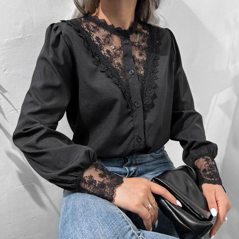 Vintage Embroidered Elegant Lace Blouse Women Lantern Sleeve Single-breasted Shirts For Women Fashion Casual Loose Tops 26218