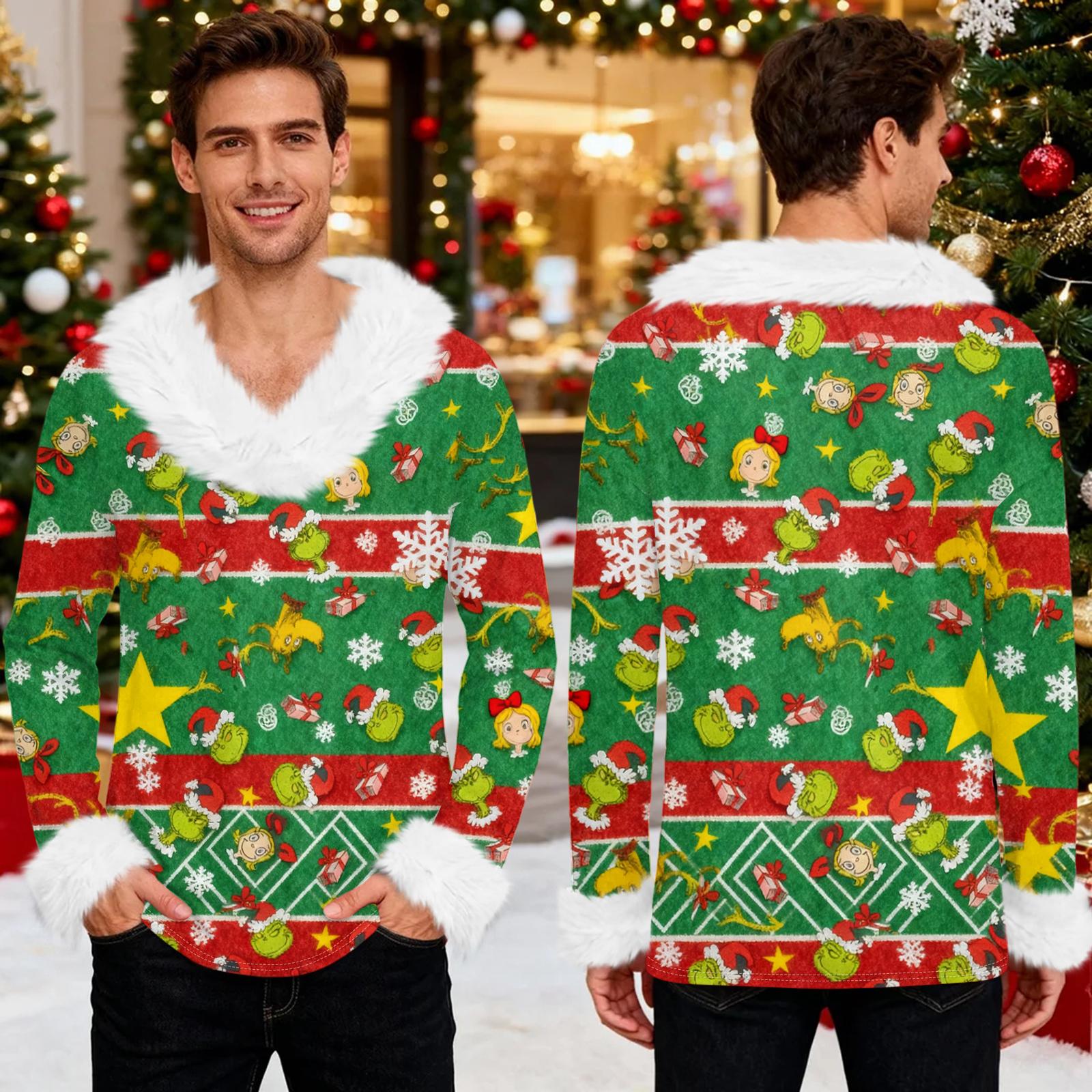 

Мужское худи с рождественским принтом и флисовой подкладкой | Праздничный свитшот с отделкой из искусственного меха и карманом | Праздничный пуловер большого размера свободного кроя S