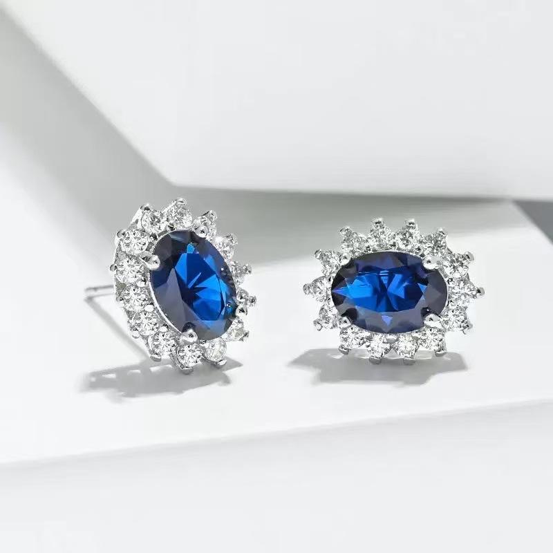 Royal Blue Zircon Stud Earrings for Women Oval Korean Style Elegant Fashion Jewelry New Trend Blue Zircon Ear Studs Gift