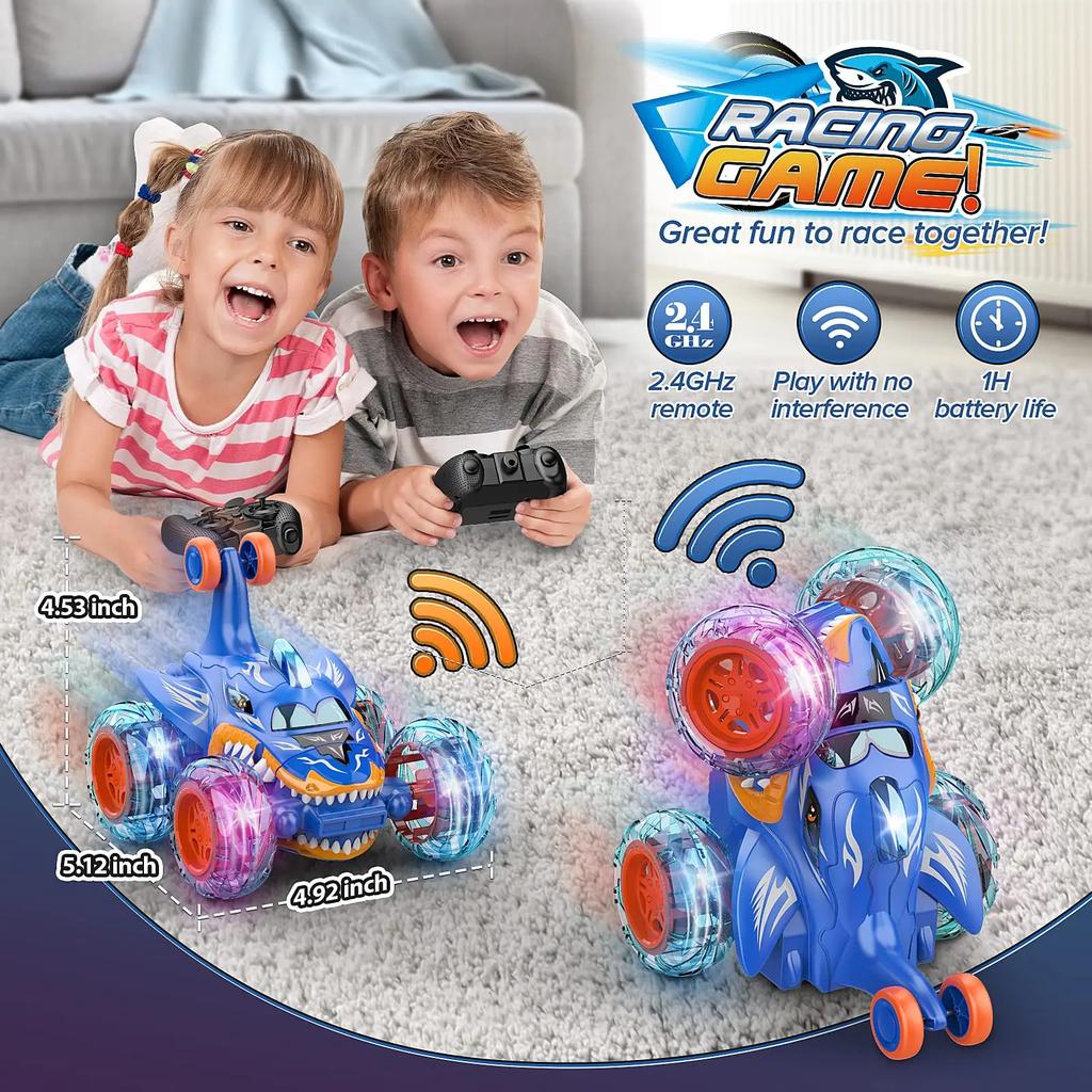 Remote Control Stunt Car 360° Flip Toy for Boy RC Car 4WD Cartoon Shark with Light Rotation Off Road Drift 2.4G Kid Toy Gift