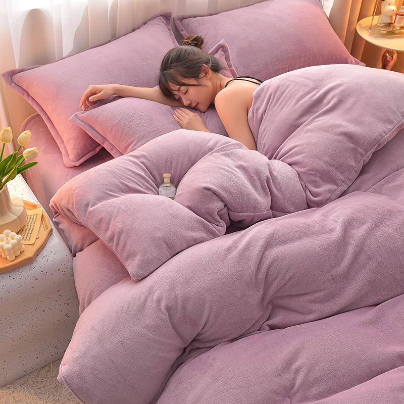 Class A Maternal Infant Grade Milk Fleece 4-Pcs Set, Warm Thickened Coral Fleece Fleece Bed Sheet, Bed Hat, Quilt Cover 3-Pcs Set