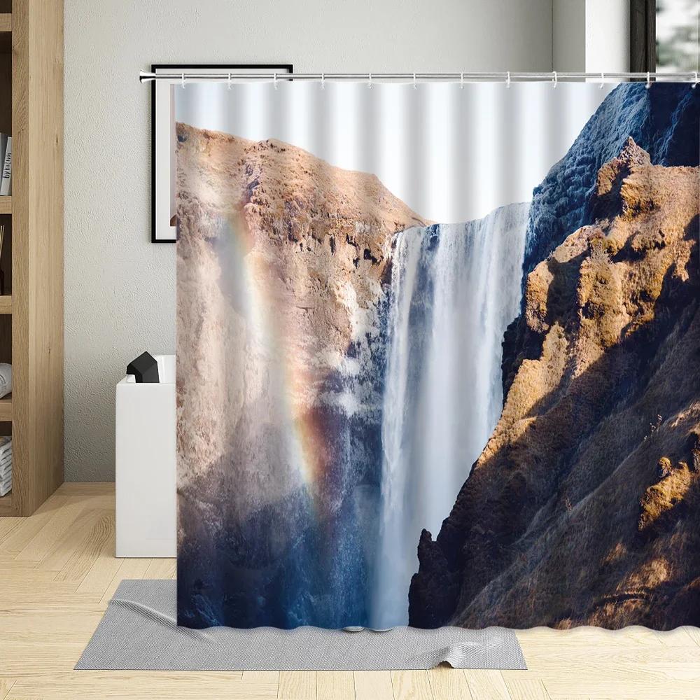 Flower Plant Landscape Shower Curtain Cherry Blossom Waterfall Green Forest Manor Arch Bridge Ocean Scenery Bathroom Curtain Set