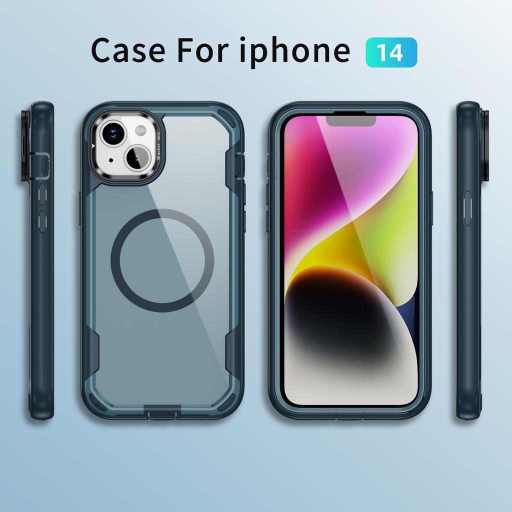 For iPhone 14/13 Case Compatible with MagSafe Lens Frame Kickstand TPU+PC Shockproof Phone Cover