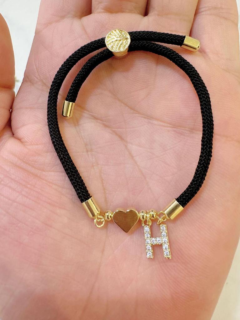 Classic A-Z Initial Heart Bracelet with Zircon on Adjustable Black Cord