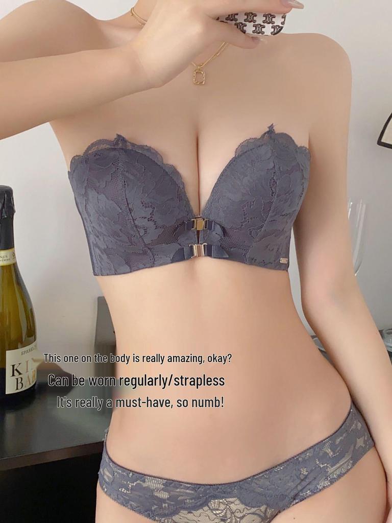 Women's Push-Up Lace Bra - Double Front Closure, Wireless, Adjustable, Side Support, Beautiful Back Design