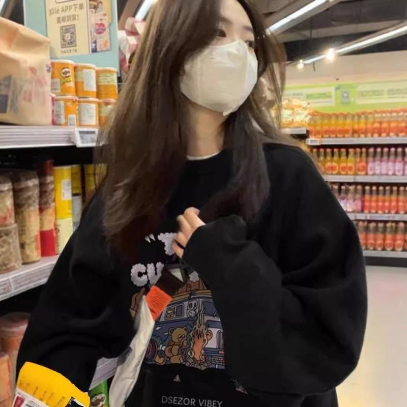 Frühling Herbst Rundhals Druck Sweatshirt Damen Vintage Locker Lässig Streetstyle Alleskönner Pullover Top