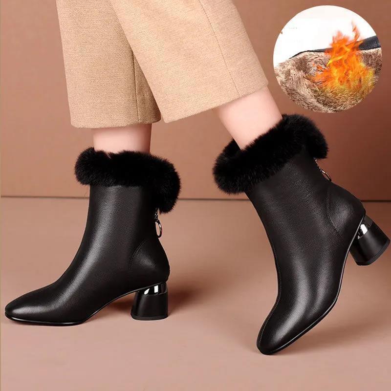New Women's Leather Fleece Boots, Winter Suede Lined Boots, Mid-Heel Women's Leather Boots, Chunky Heel Mom Boots