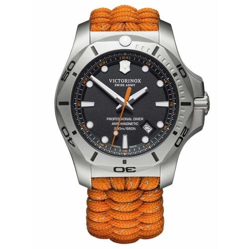 

VICTORINOX INOX. Чоловічий годинник PROFESSIONAL DIVER, 241845, Корпус з піскоструминної нержавіючої сталі (316L/Кований), Чорний циферблат, помаранчевий паракордовий ремінець, подарунок, O