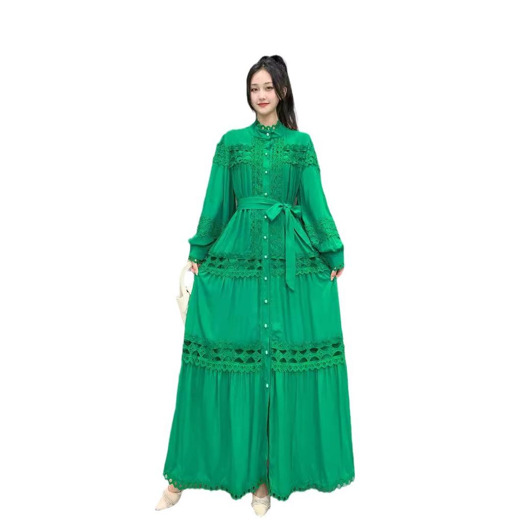 New vintage palace-style long-sleeve, stand collar, waist-cinching, slimming A-line hollow-out single-breasted dress is excellent