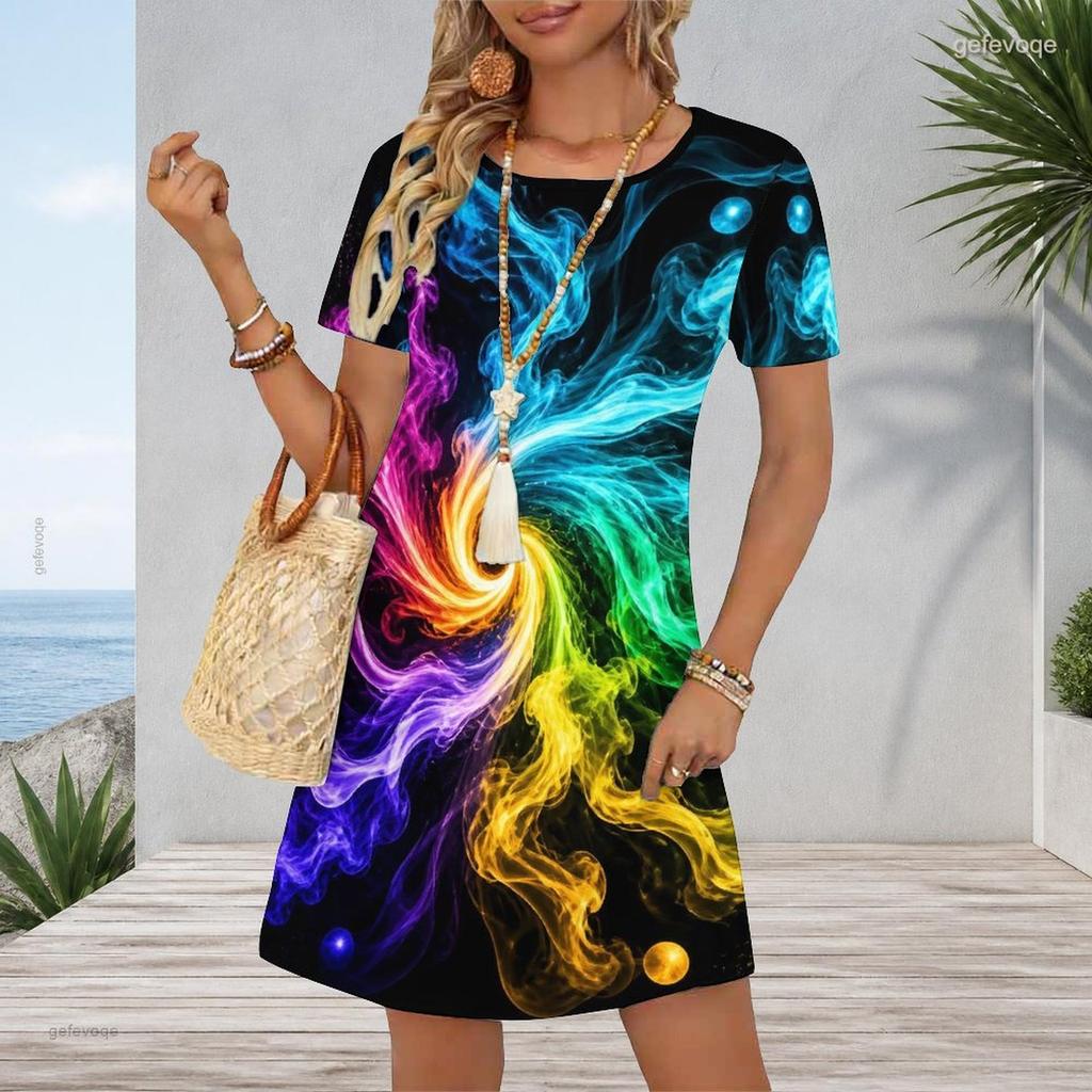 Women Plus Size Round Neck Short Sleeve Rainbow Printed A Line Dress
