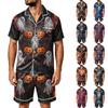 Men's Halloween Pajama Set Short Sleeve Striped Plaid Print Satin Two Piece with Pockets Loose Fit Sleepwear