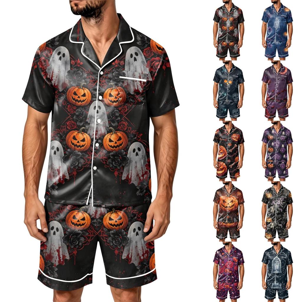Men's Halloween Pajama Set Short Sleeve Striped Plaid Print Satin Two Piece with Pockets Loose Fit Sleepwear