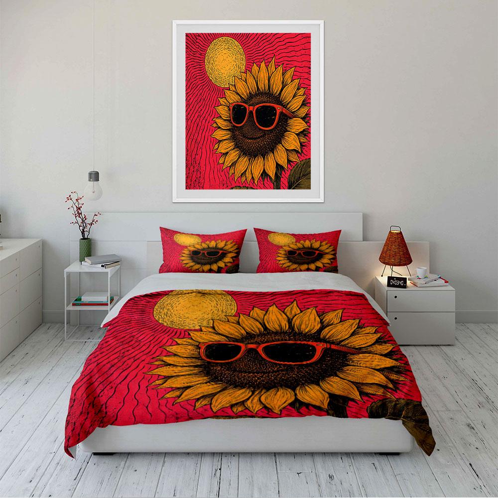Sunflower with Sunglasses Design Bedding Duvet Cover Set Duvet Cover Pillowcases (1*Duvet Cover 2*Pillowcases, Without Duvet Insert)