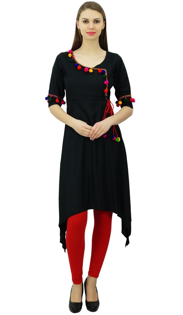 Phagun Angrakha Style Rayon Womens Tunic Kurta Pom-Pom Designer Kurti Top Indian