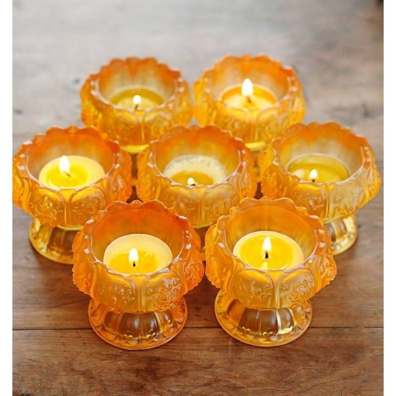 Colorful Lotus Ghee Lamp: Crystal Glass, Pure Copper Candle Holder for Buddhist Offerings