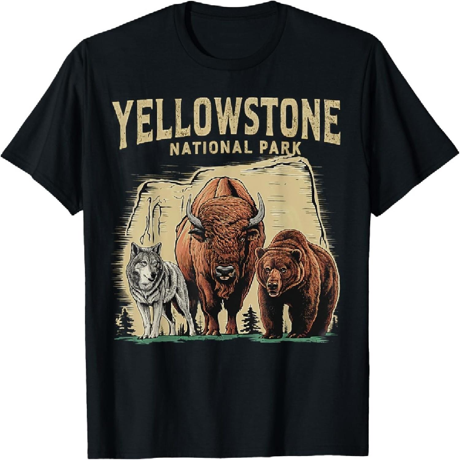 

90s Yellowstone National Park Wolf And Bison Retro T-Shirt XXXXXL різнокольоровий