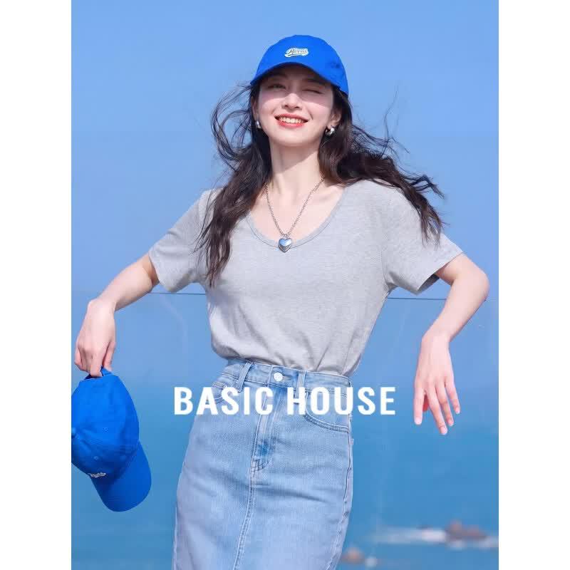 Basic House Women s Tencel Linen Blend U-Neck T-Shirt L