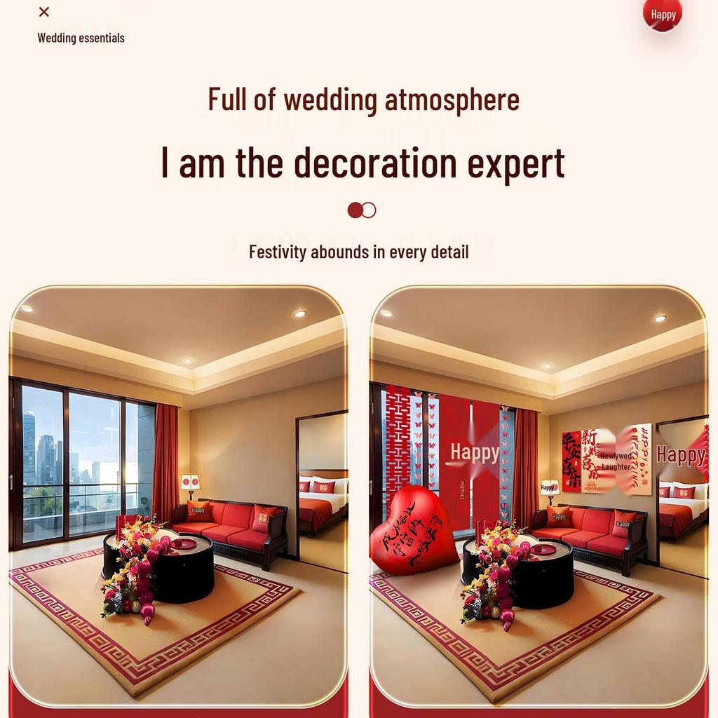 Bridal Room Wedding Decor Set with Double Happiness Backdrop, Tassels & Curtains