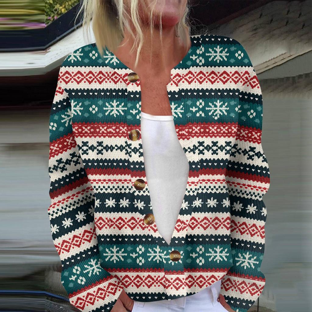 Dammode Långärmad Jul Snowman Snowflake Print Jacka Cardigan