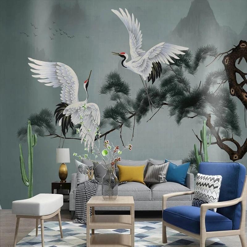 Custom 3D Mural Chinoiserie Wallpaper Pines And Red-crowned Cranes Wall Painting Wall Papers For Living Room Sofa TV Background