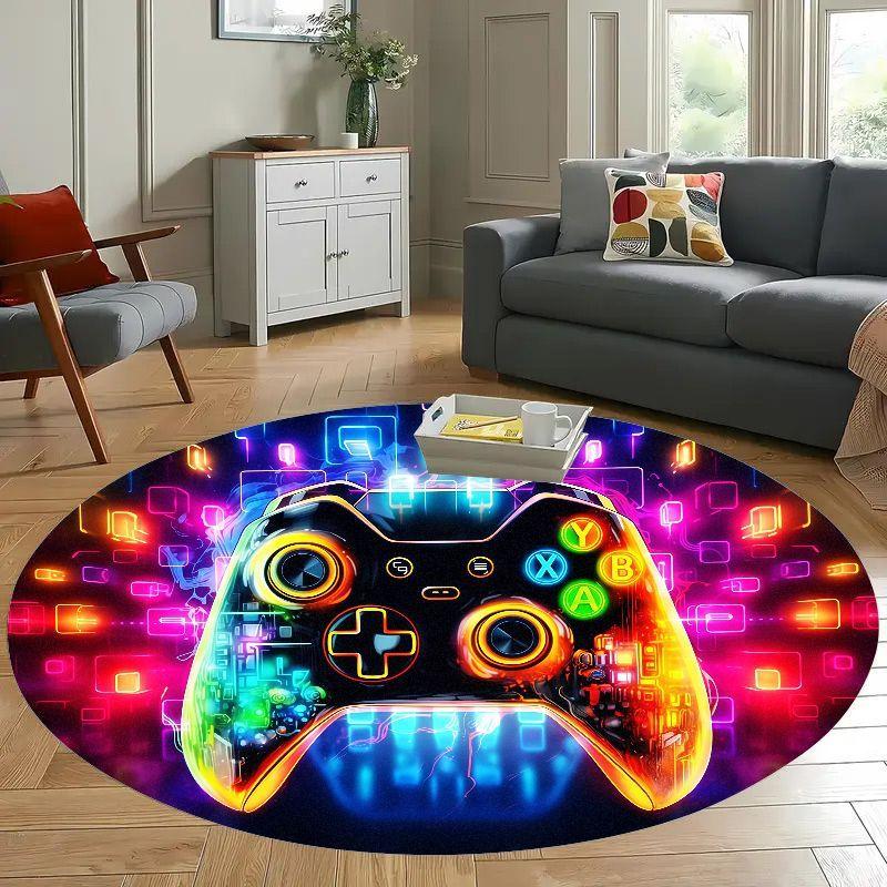 Neon Game Controller Round Rug Gamer Room Decor LED Glow Effect Floor Mat Living Room Gaming Zone Cool Tech Design