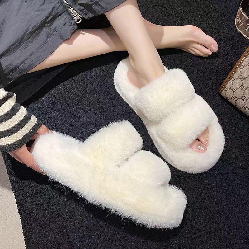 Women's Fluffy Slippers - Autumn/Winter 2024 Fashion, Thick Sole, Single/Double Strap, Cozy Cotton, Trendy Outdoor Wear