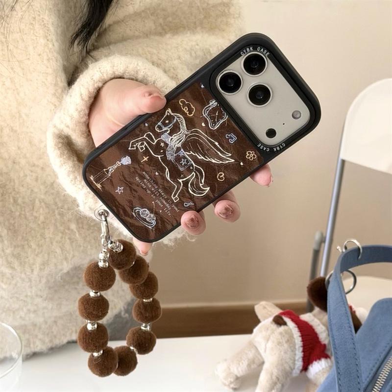 Premium Brown Velvet Angel Horse Case for iPhone 17, 16 Pro Max, 15, 14