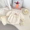 Spring Baby Girl Long Sleeve Floral Embroidered Romper for 100 Days Celebration