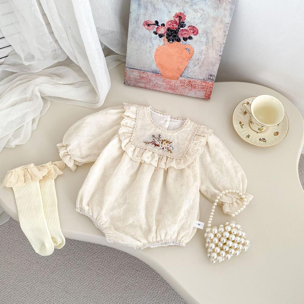 Spring Baby Girl Long Sleeve Floral Embroidered Romper for 100 Days Celebration