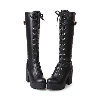 Mode Nieuwe Stijl Hot Sale Lente Herfst Veters Kniehoge Laarzen Dames Mode Wit Vierkante Hak Vrouw Leren Schoenen Winter Grote Maat 43