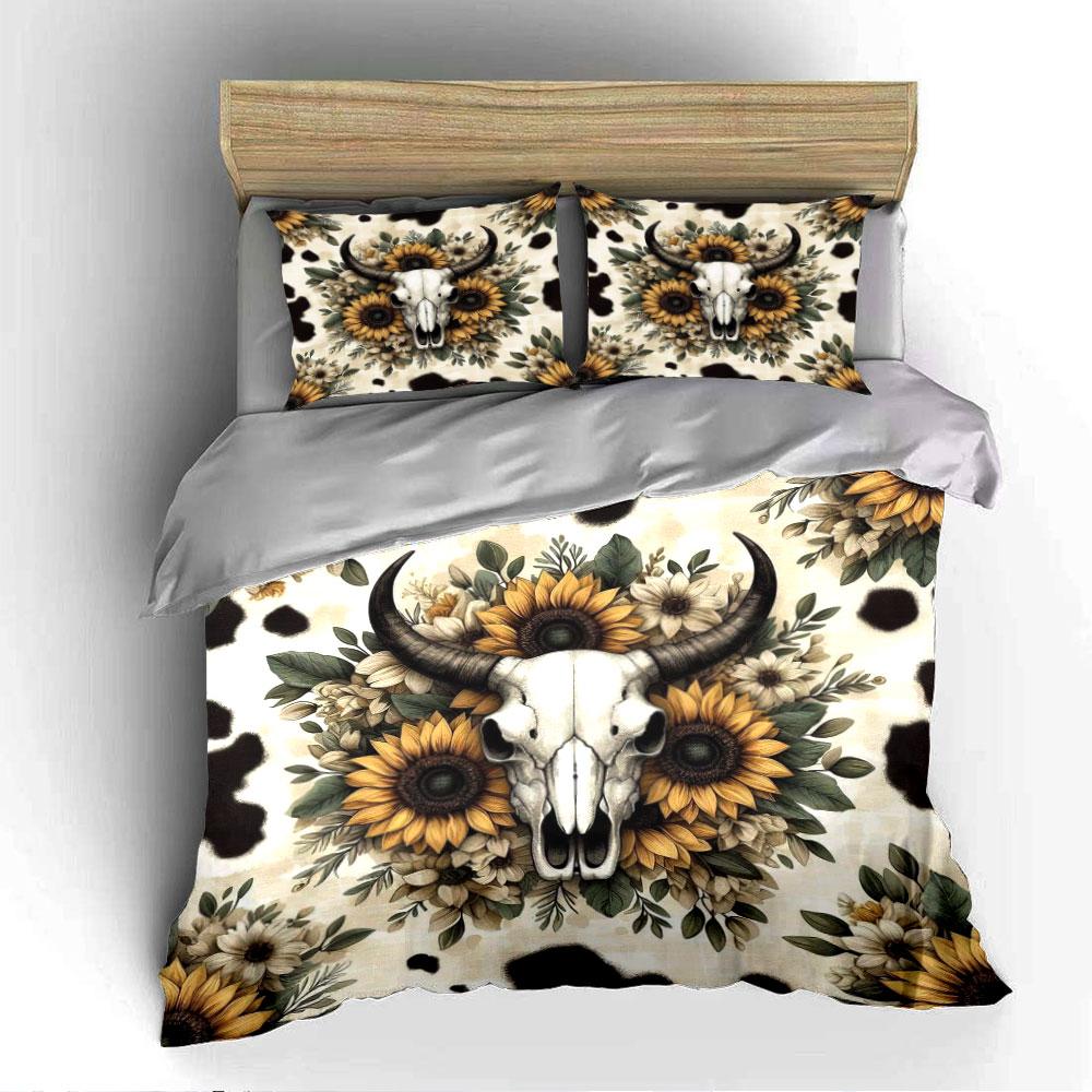 Cow Skull and Sunflower Set Bedding Duvet Cover Set Duvet Cover Pillowcases (1 * Duvet Cover 2 * Pillowcases, Without Duvet Insert)