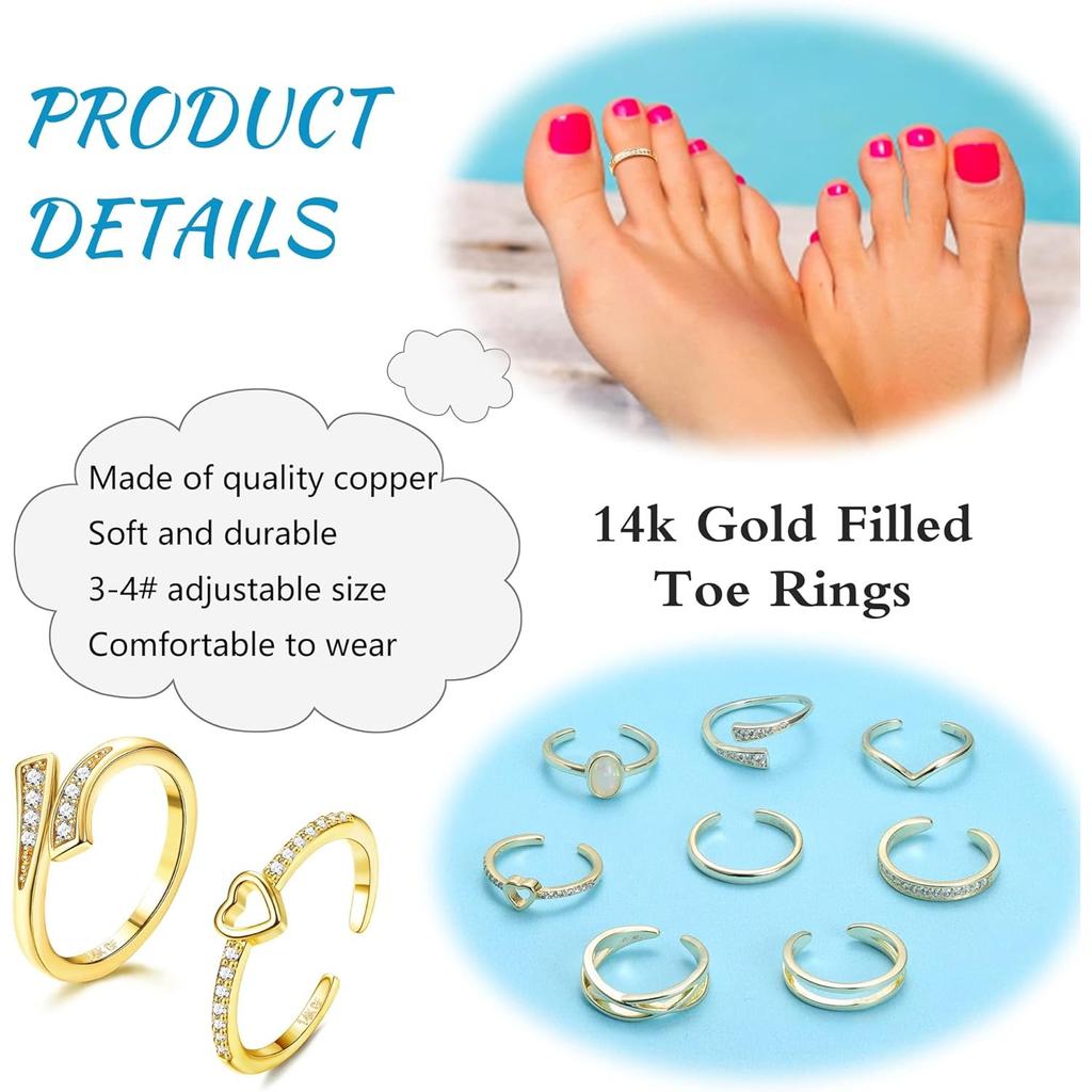 Bobisty 8 Stück 14K Gold Plated Zehenringe für Damen Anlaufgeschützt Verstellbare Zehenringe Set Offener Ring Zirkonia Zehenring Sommer Fußschmuck