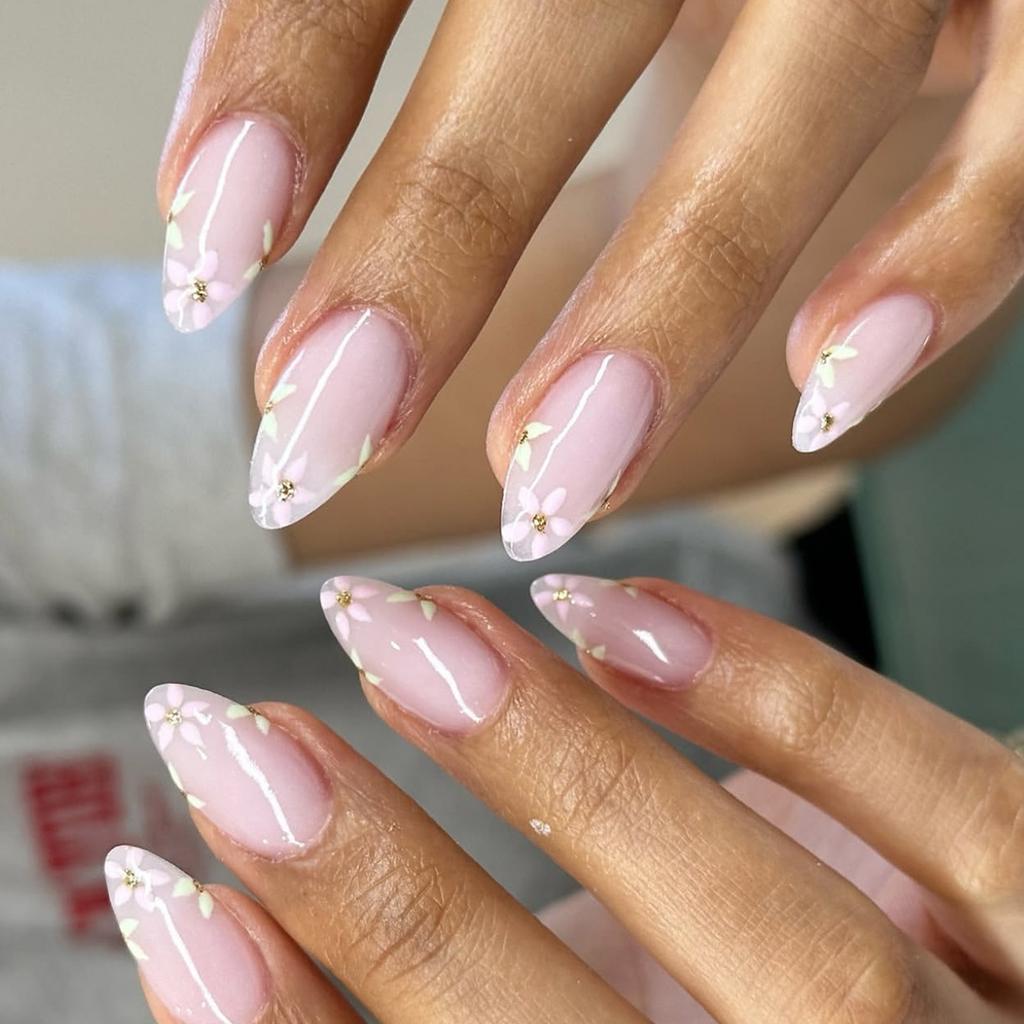 Almond French Stick On Nail Floral Press On Nail Short Acrylic Nail Flower False Nail for Women and Girls 24PCS
