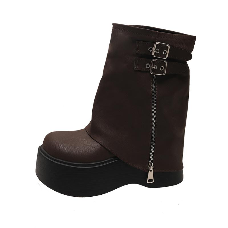 Fashion Punk Style Platform Thick Bottom Women Mordern Boots Fashion Button Combination Splicing Height Increase Short Booties