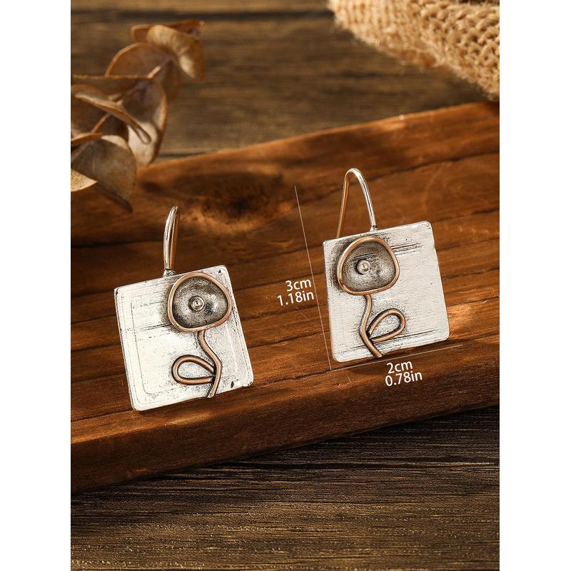 Vintage Metal Square Geometric Floral Carving Pattern Pendant Earrings Suitable For Women's Jewelry