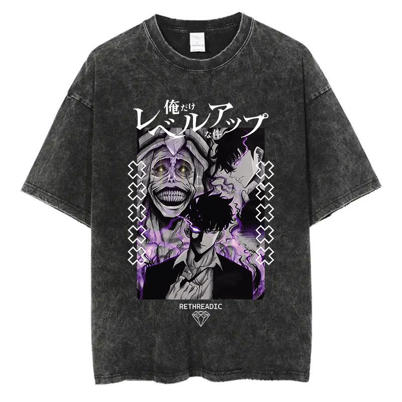 T-shirt Anime Giapponese Solo Leveling Stampa Vintage Lavato Harajuku Streetwear T-shirt Grafica T-shirt Estiva a Maniche Corte