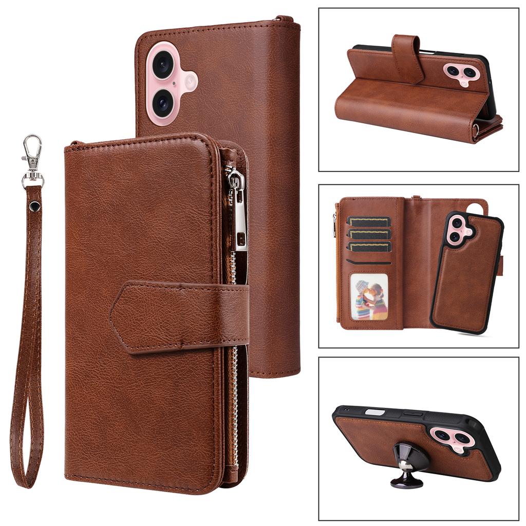 For iPhone 16 Magnetic Leather Case Mobile Cover with Detachable Zipper Wallet Strap