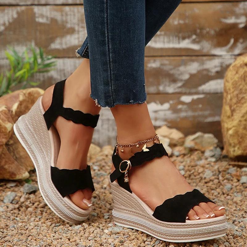 Fashion Women's Wedge Heeled Sandals Summer 2025 Fashion Chunky Platform Shoes Woman Plus Size Thick Bottom Ankle Strap Sandalias Mujer
