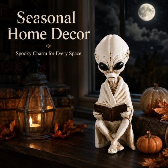 Creative Birthday Gifts for Sci-fi Fans Alien Sitting Resin Skeleton Statue, Retro Book Sci-Fi Dark Halloween Ornament, Gaming Room Shelf Ornaments