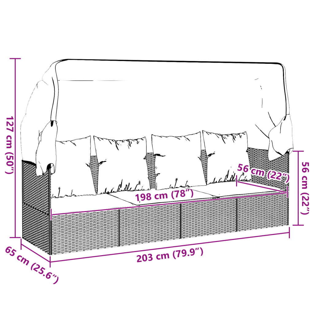 Letto da Lounge da Esterno con Tenda e Cuscini in Polyrattan Marrone