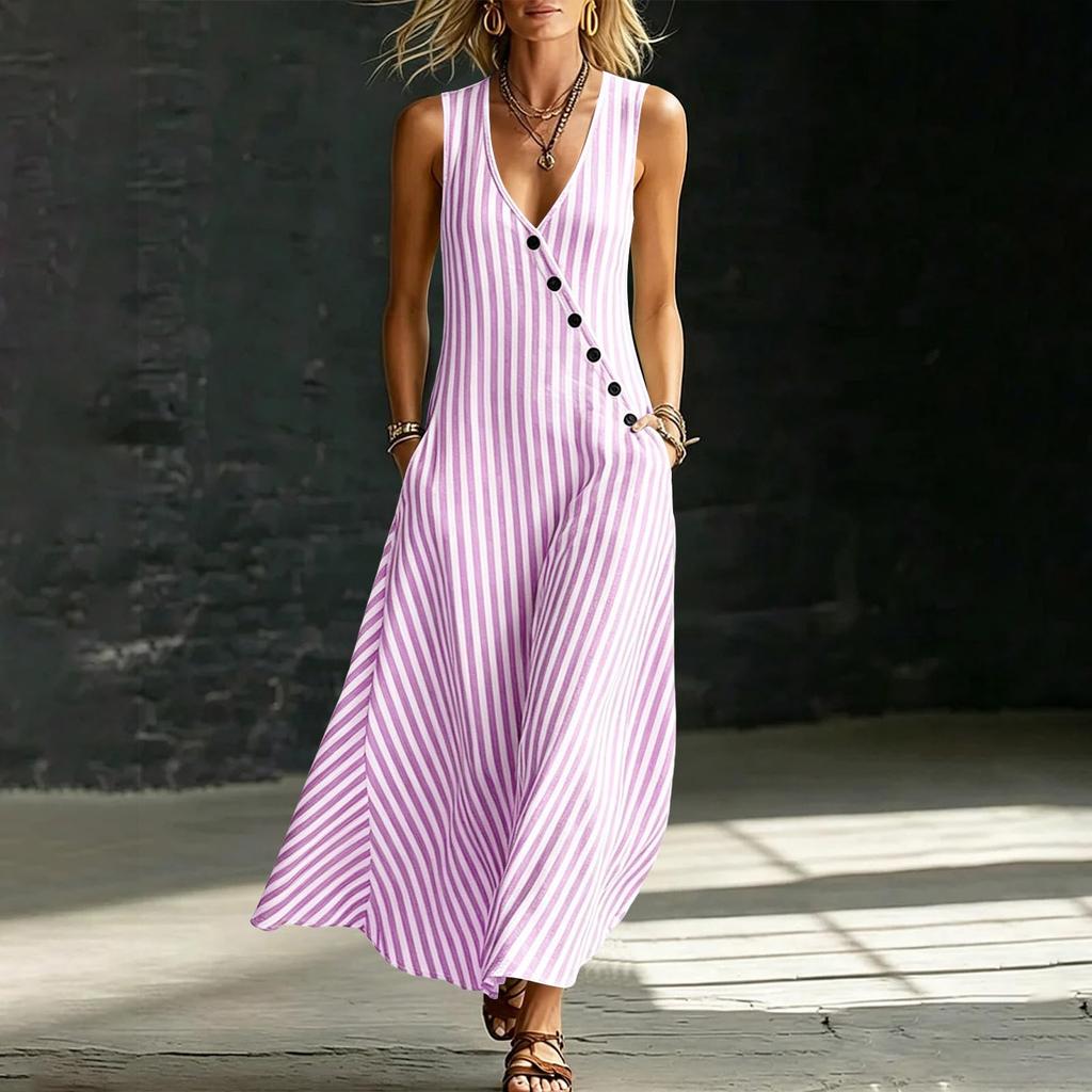 Women's Casual Sleeveless V Neck Maxi Dress with Vertical Stripes Button Detail Side Pockets Comfortable Loose Fit Summer Dress