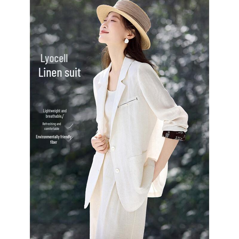 Elegant Lyocell Linen Blend Color-Block Blazer M